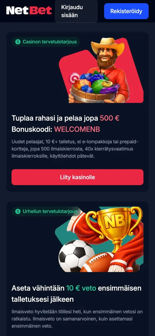 NetBet – etusivun näkymä puhelimella