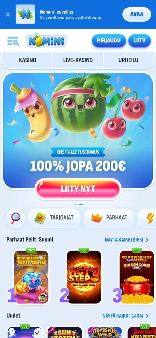 Nomini – etusivun näkymä puhelimella