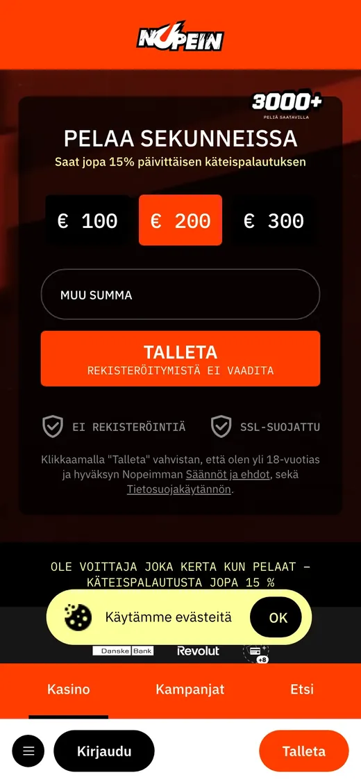 Nopein Casino – etusivun näkymä puhelimella