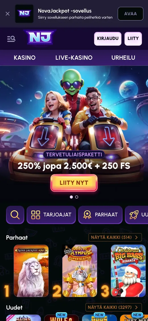 NovaJackpot Casino – etusivun näkymä puhelimella