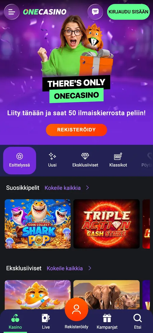 One Casino – etusivun näkymä puhelimella