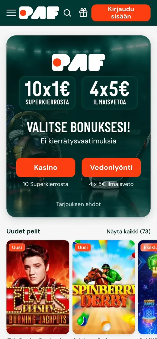 Paf – etusivun näkymä puhelimella