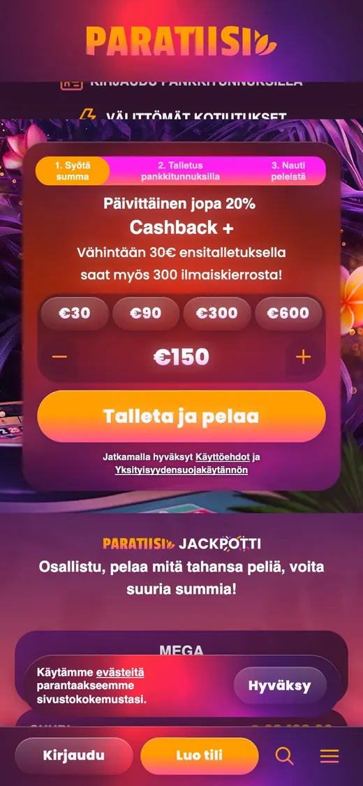 Paratiisi – etusivun näkymä puhelimella