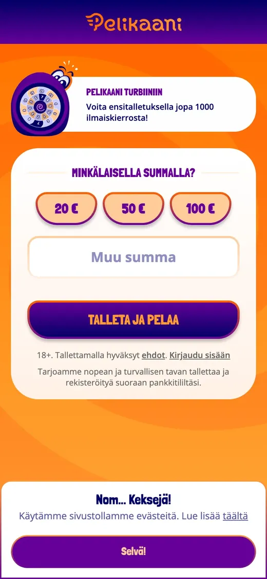 Pelikaani Kasino – etusivun näkymä puhelimella