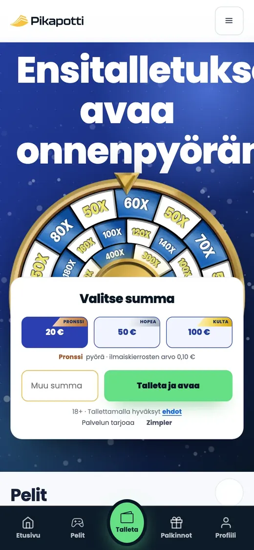 Pikapotti – etusivun näkymä puhelimella