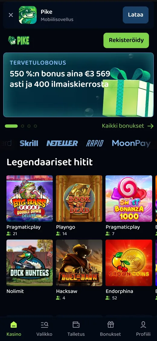Pike – etusivun näkymä puhelimella