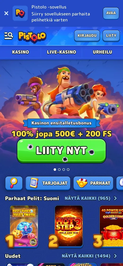 Pistolo – etusivun näkymä puhelimella