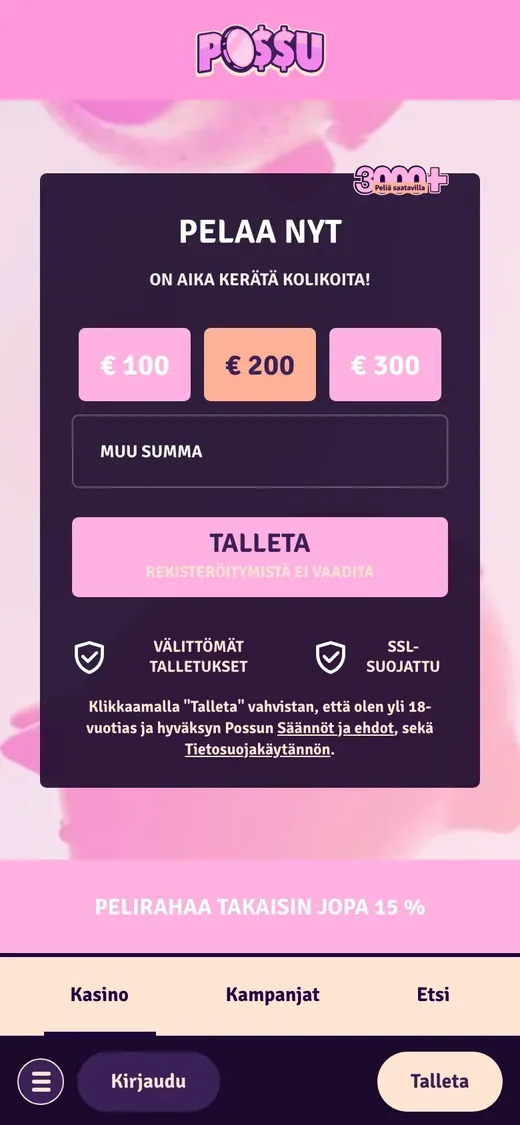 Possu Casino – etusivun näkymä puhelimella