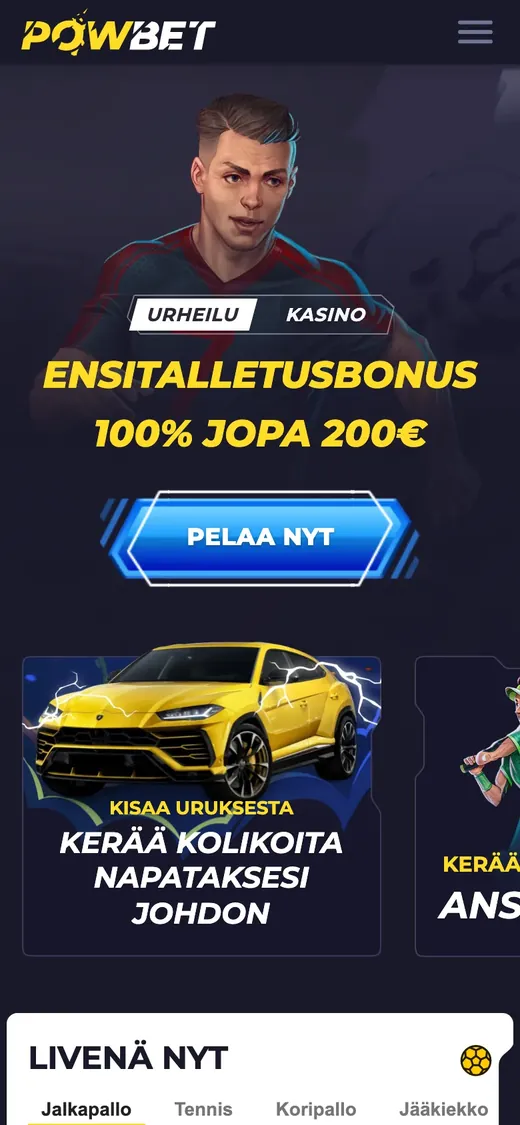 Powbet – etusivun näkymä puhelimella