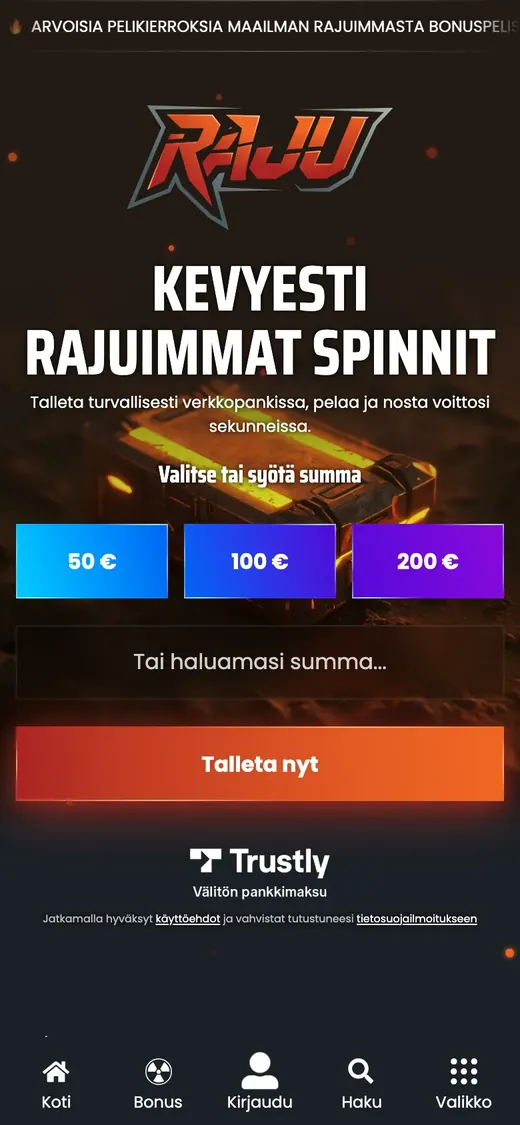Raju – etusivun näkymä puhelimella