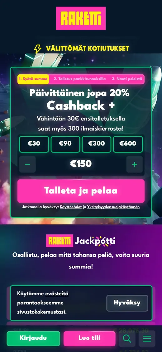 Raketti – etusivun näkymä puhelimella