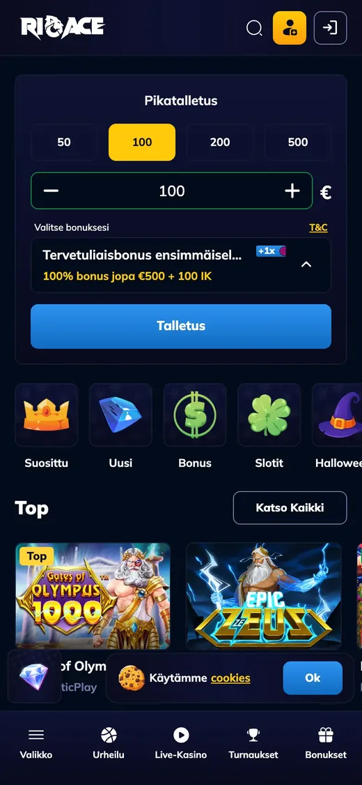 RioAce Casino – etusivun näkymä puhelimella
