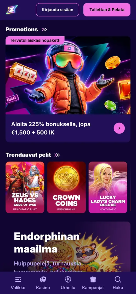 Rizzio – etusivun näkymä puhelimella