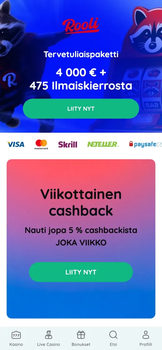 Rooli – etusivun näkymä puhelimella
