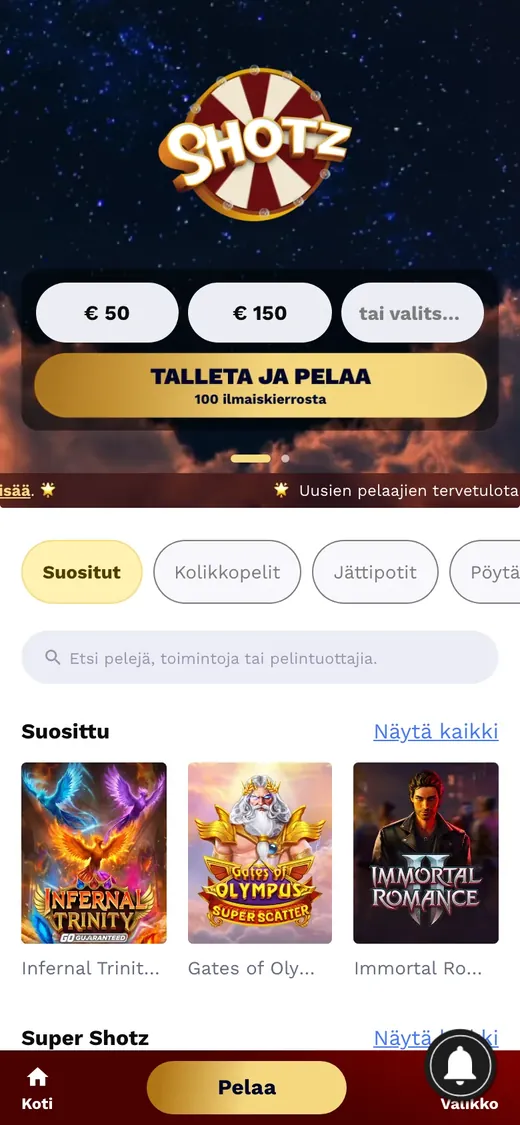 Shotz – etusivun näkymä puhelimella