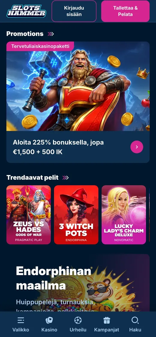 SlotsHammer – etusivun näkymä puhelimella