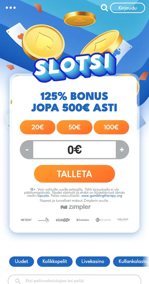 Slotsi Kasino – etusivun näkymä puhelimella