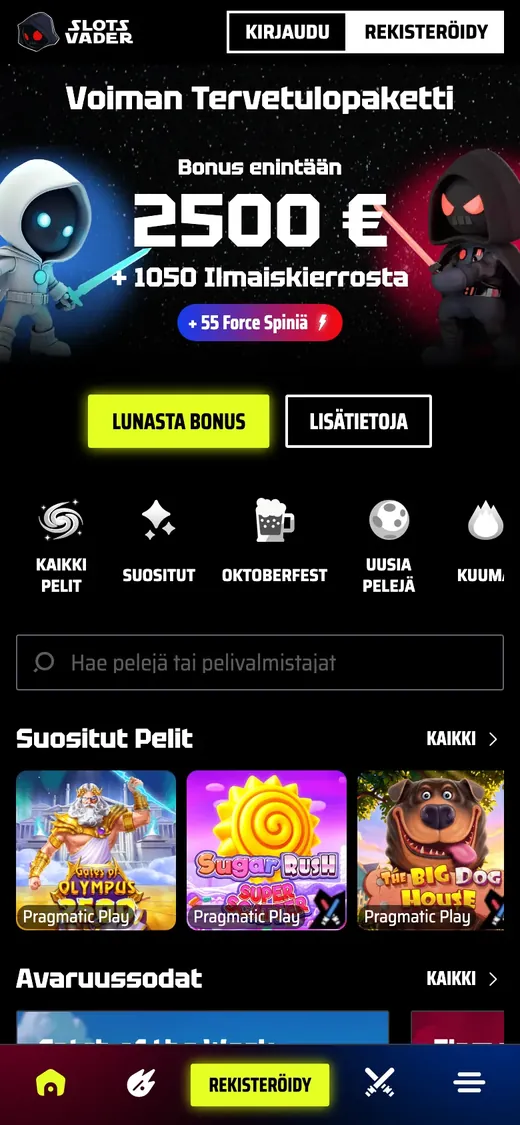 SlotsVader Casino – etusivun näkymä puhelimella