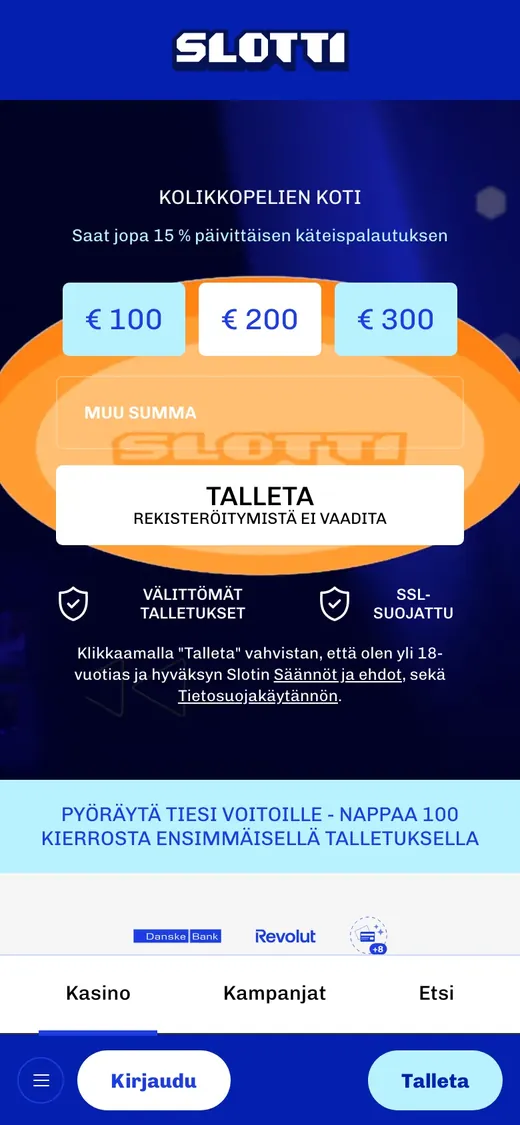 Slotti Casino – etusivun näkymä puhelimella
