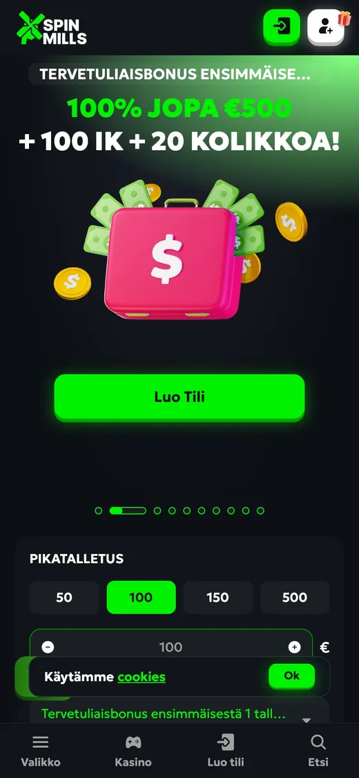 SpinMills – etusivun näkymä puhelimella
