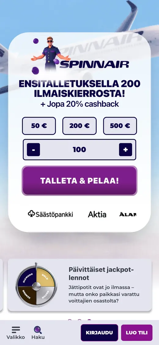 Spinnair – etusivun näkymä puhelimella