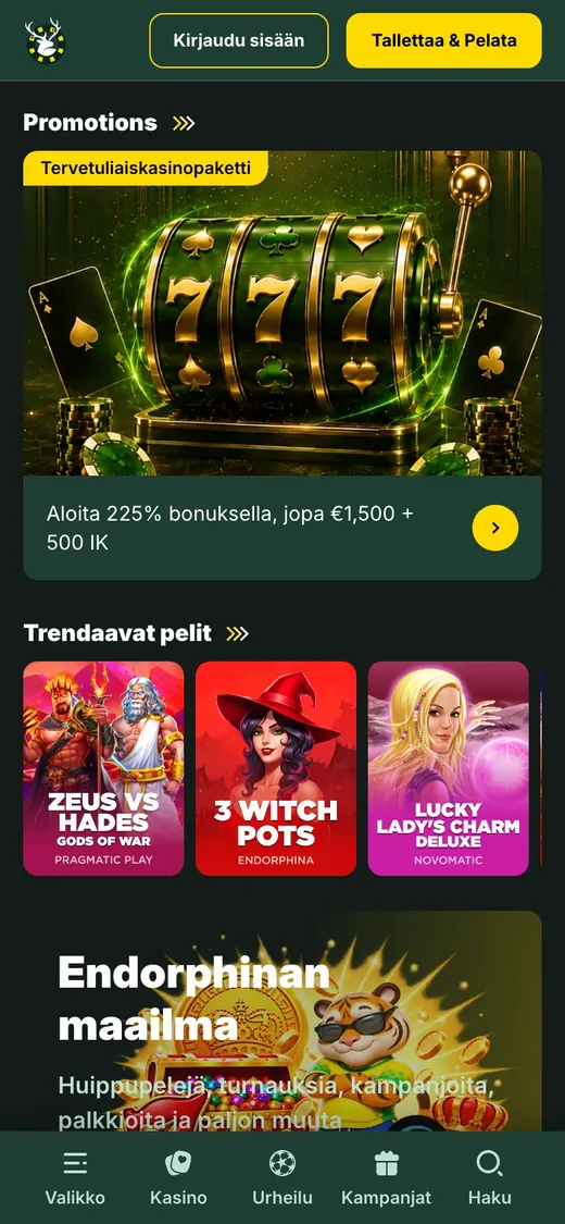 SpinStag – etusivun näkymä puhelimella