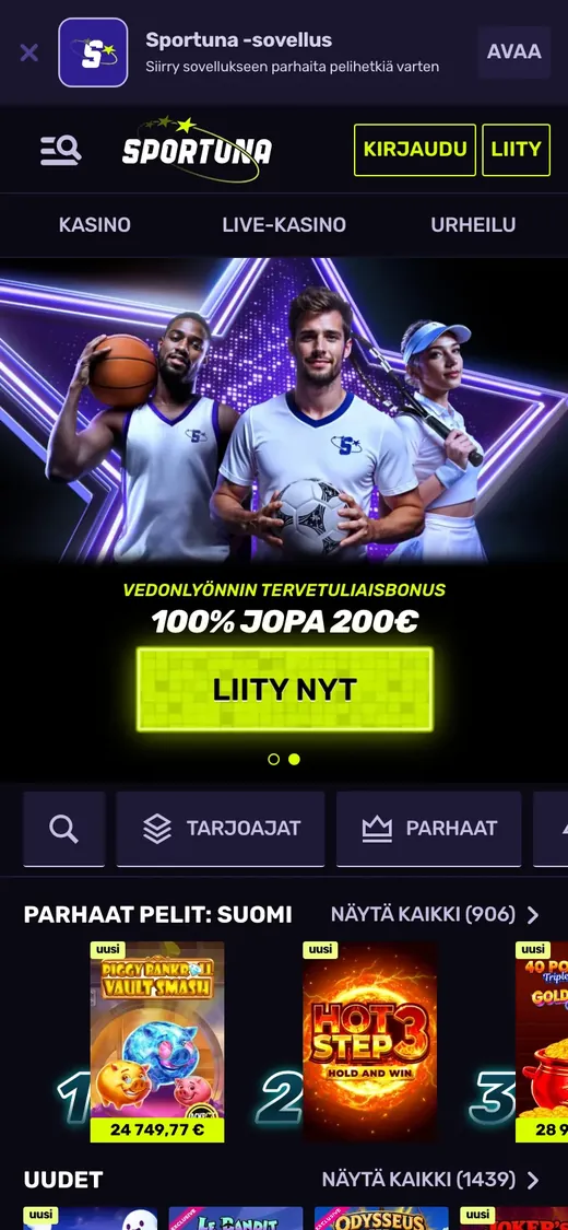 Sportuna – etusivun näkymä puhelimella