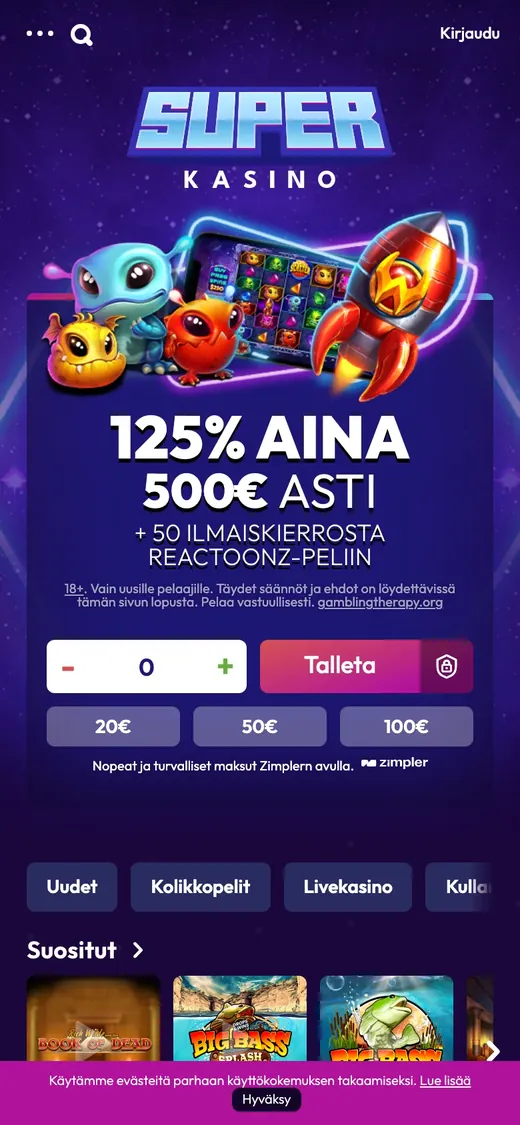Superkasino – etusivun näkymä puhelimella