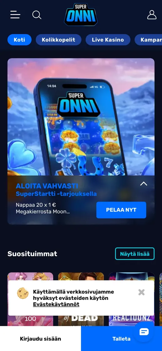SuperOnni – etusivun näkymä puhelimella
