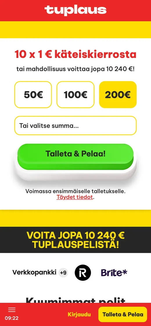 Tuplaus – etusivun näkymä puhelimella