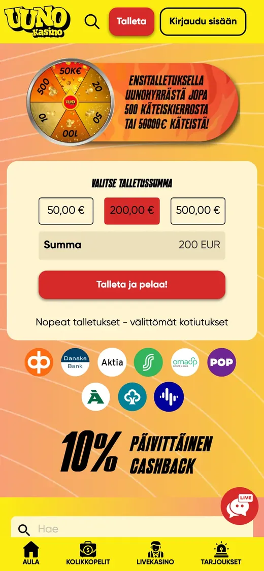Uuno – etusivun näkymä puhelimella