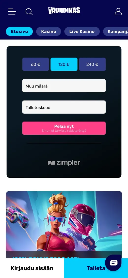 Vauhdikas – etusivun näkymä puhelimella