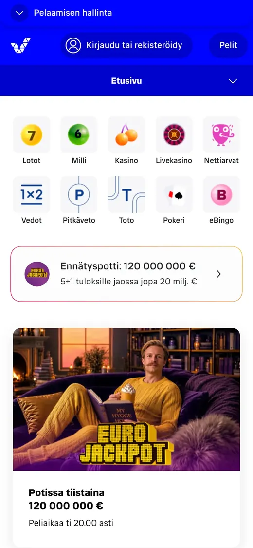 Veikkaus – etusivun näkymä puhelimella