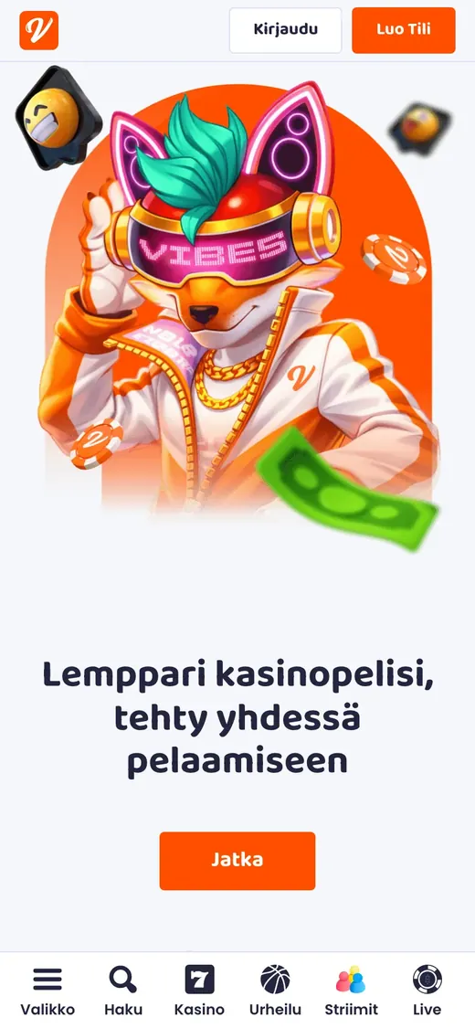 CasinoVibes – etusivun näkymä puhelimella