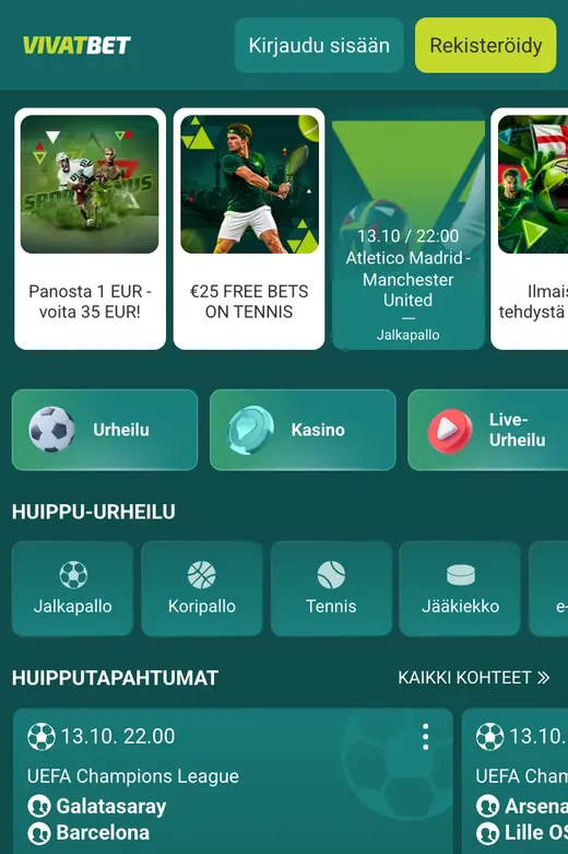 VivatBet – etusivun näkymä puhelimella