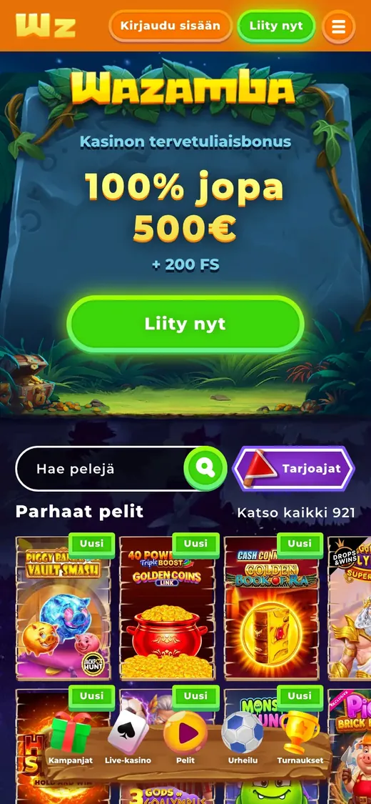 Wazamba – etusivun näkymä puhelimella