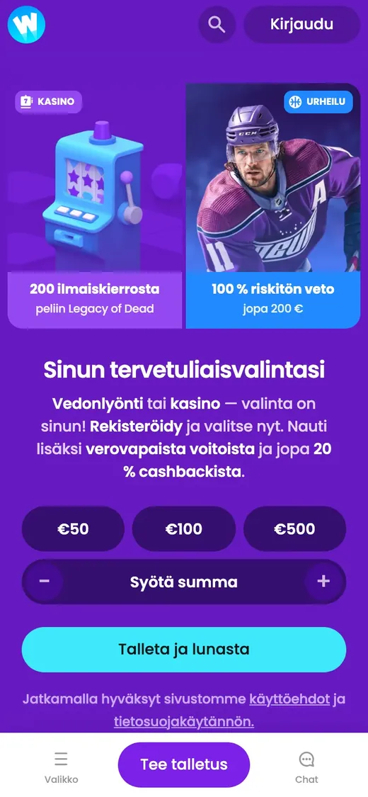 Winnerz – etusivun näkymä puhelimella