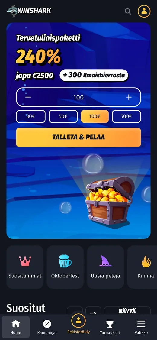WinShark Casino – etusivun näkymä puhelimella