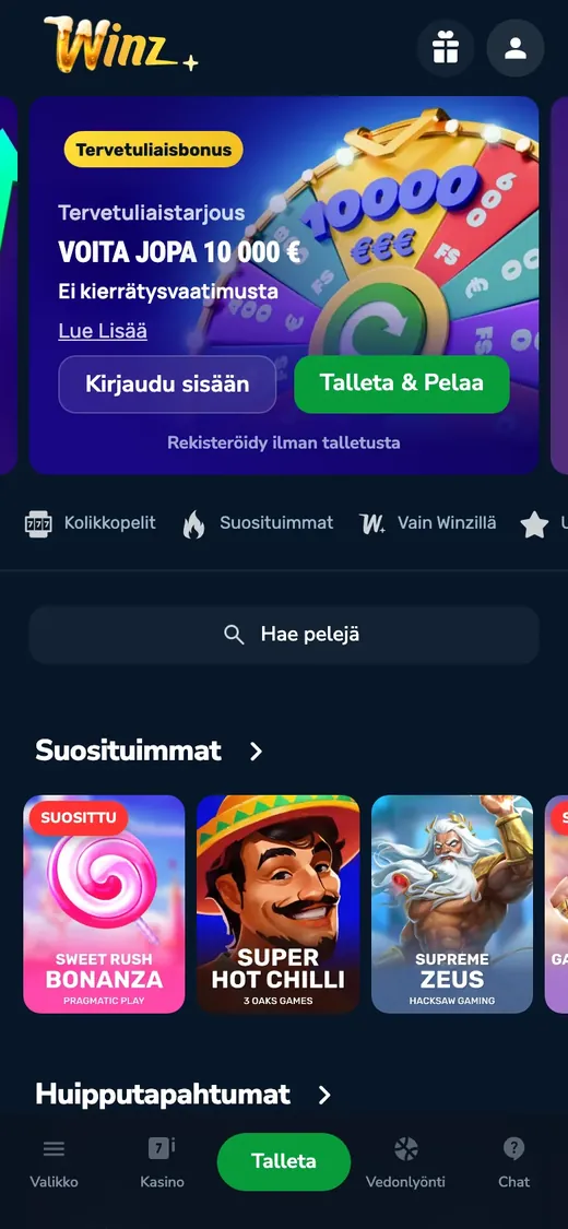 Winz – etusivun näkymä puhelimella