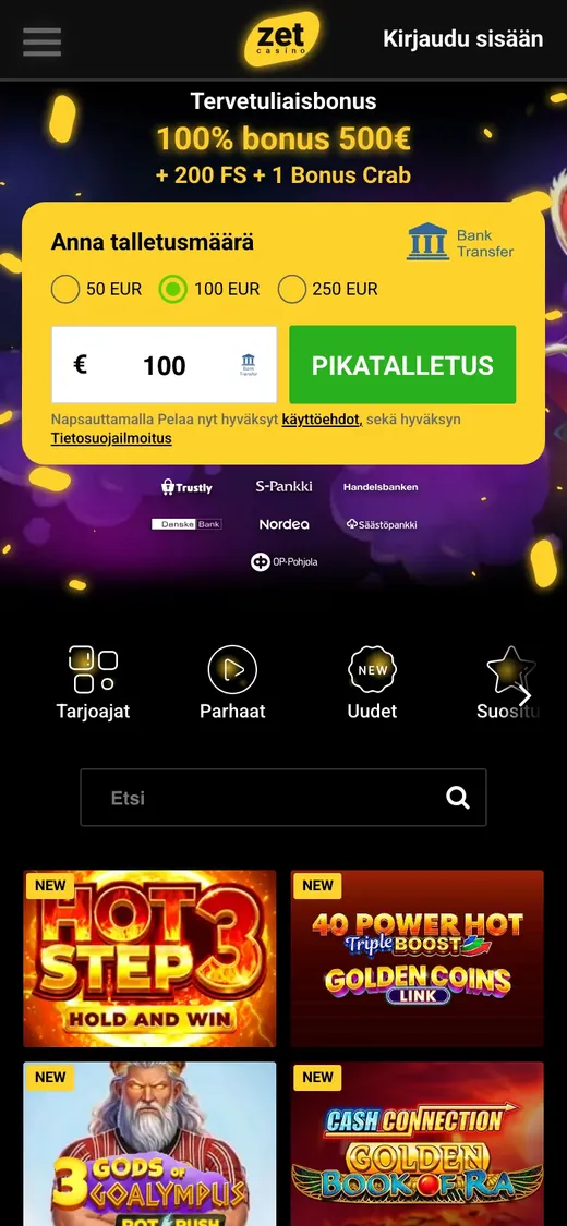 ZetCasino – etusivun näkymä puhelimella