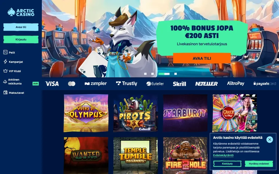 Arctic Casino – etusivun näkymä työpöydällä