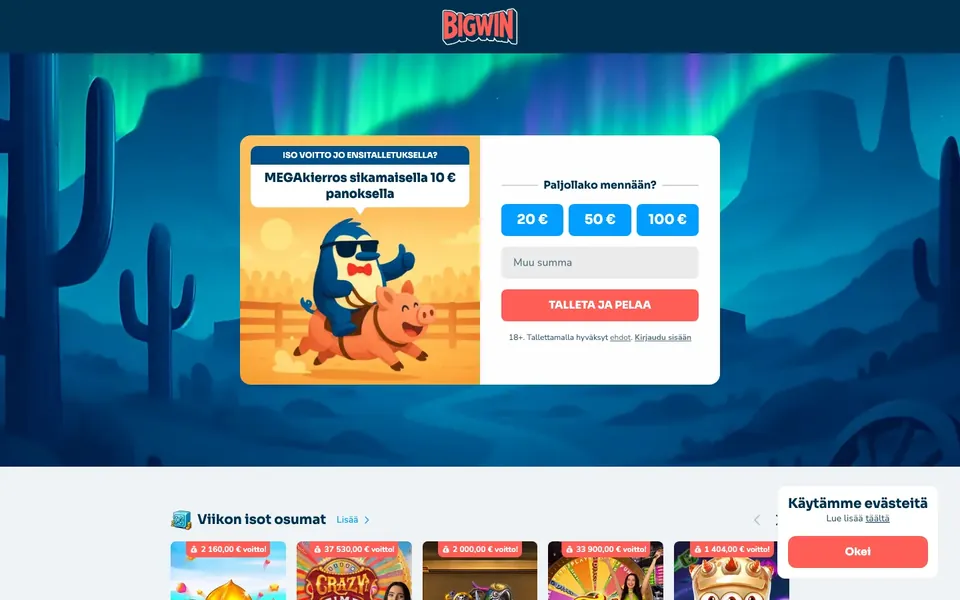 Bigwin – etusivun näkymä työpöydällä
