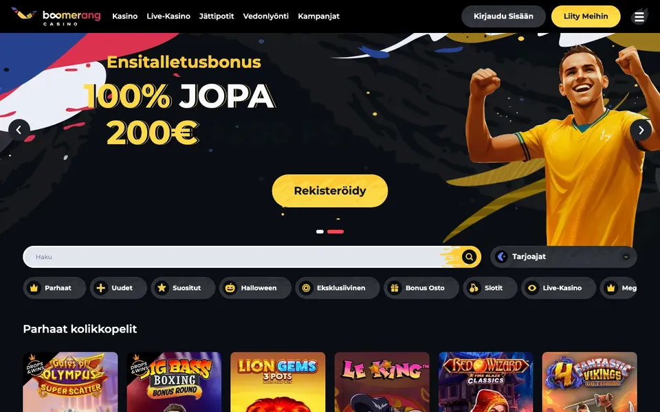 Boomerang Casino – etusivun näkymä työpöydällä