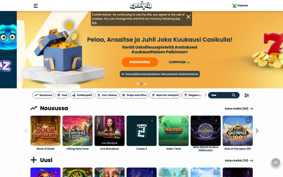 Casiku – etusivun näkymä työpöydällä