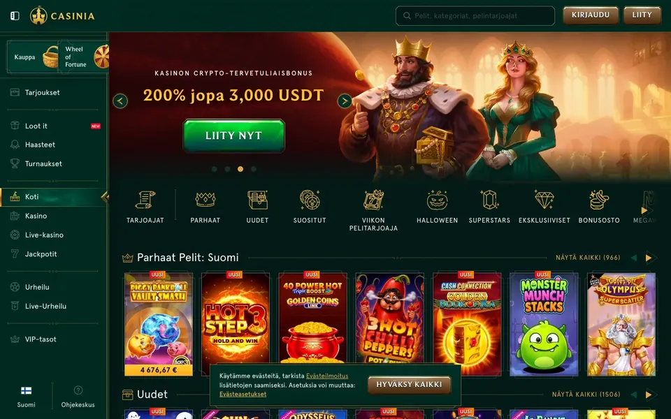 Casinia – etusivun näkymä työpöydällä