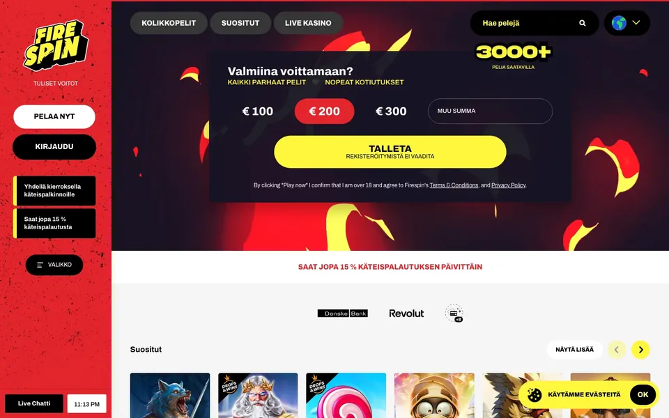 Firespin – etusivun näkymä työpöydällä