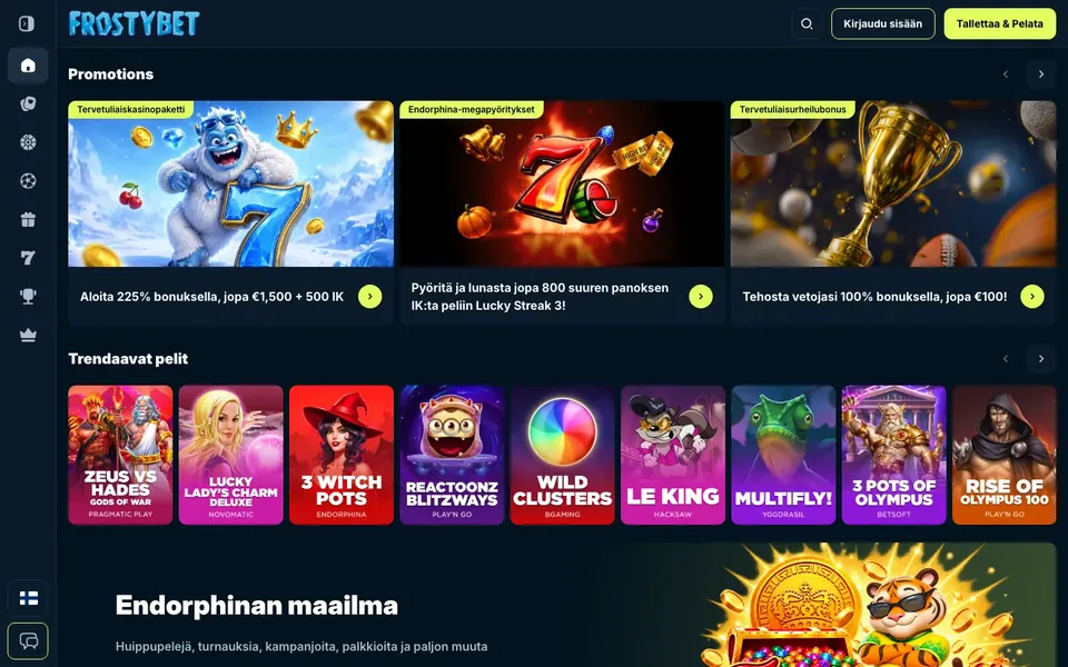 FrostyBet – etusivun näkymä työpöydällä