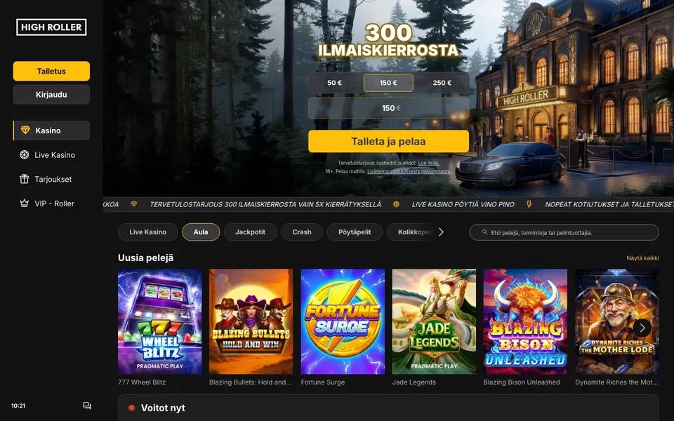 HighRoller – etusivun näkymä työpöydällä