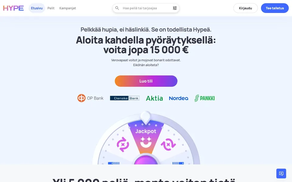 Hype Kasino – etusivun näkymä työpöydällä