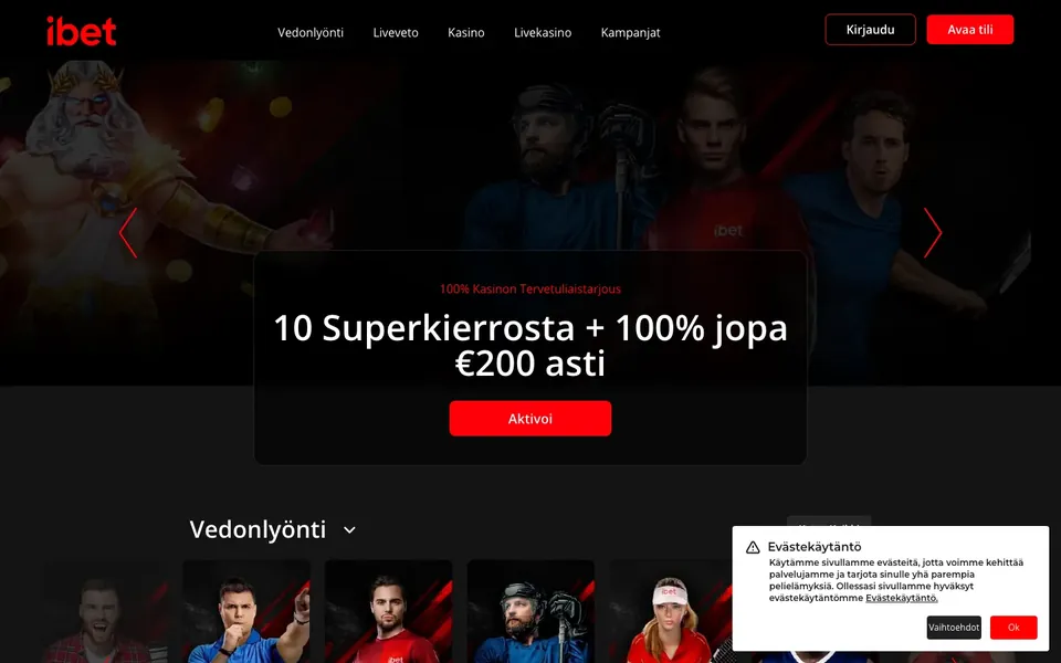 iBet – etusivun näkymä työpöydällä